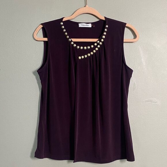 Calvin Klein Jeweled Tank Blouse with Gold Beads - Picture 1 of 8